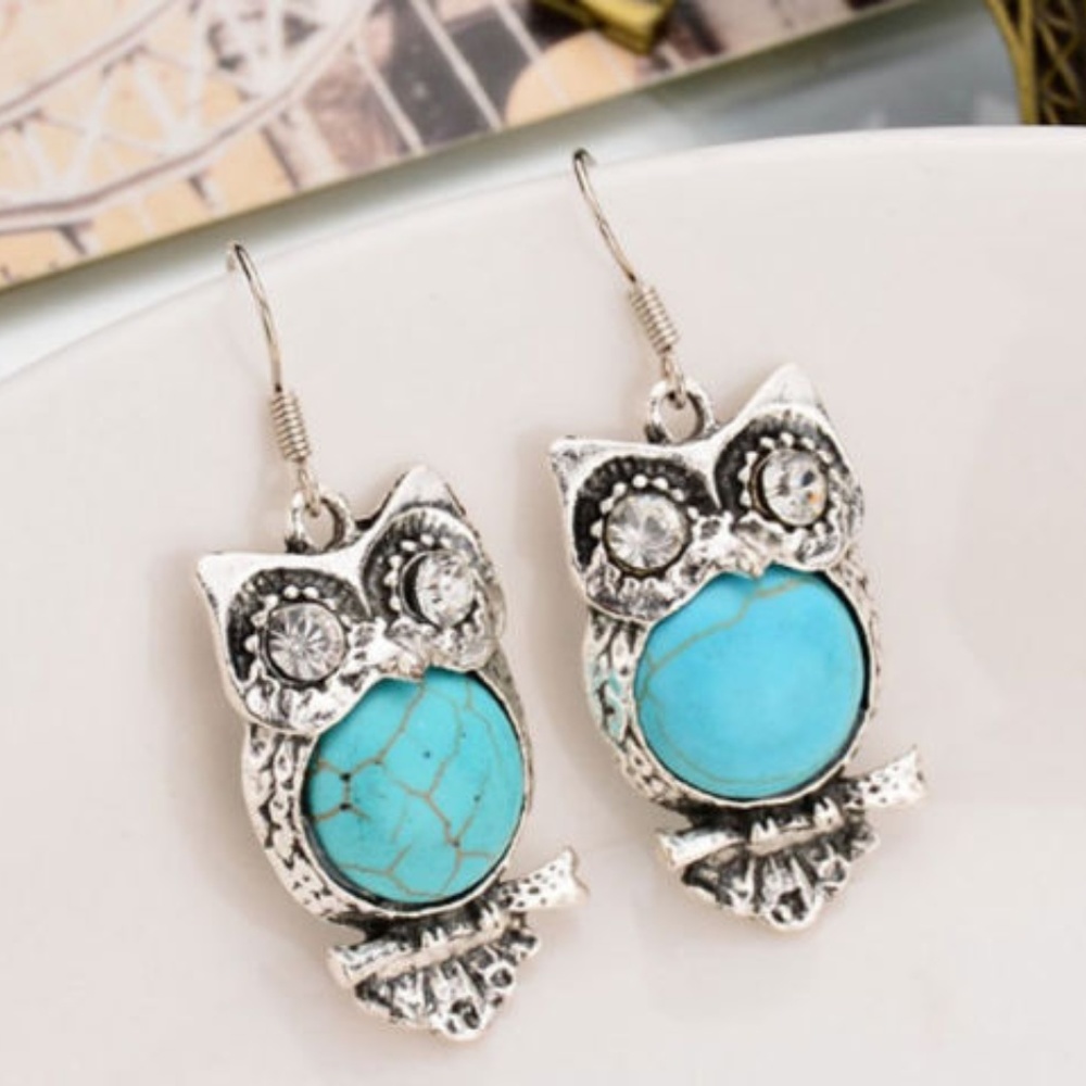 Charming Crystal Turquoise Owl Dangle Earrings - Picture 3 of 3